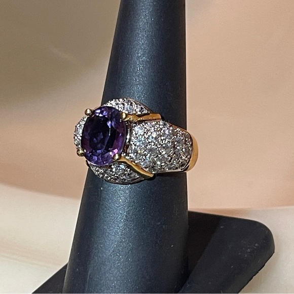 🍾Gorgeous 925 Silver Amethyst & Zircon Dome Dinner Ring! - Picture 2 of 14